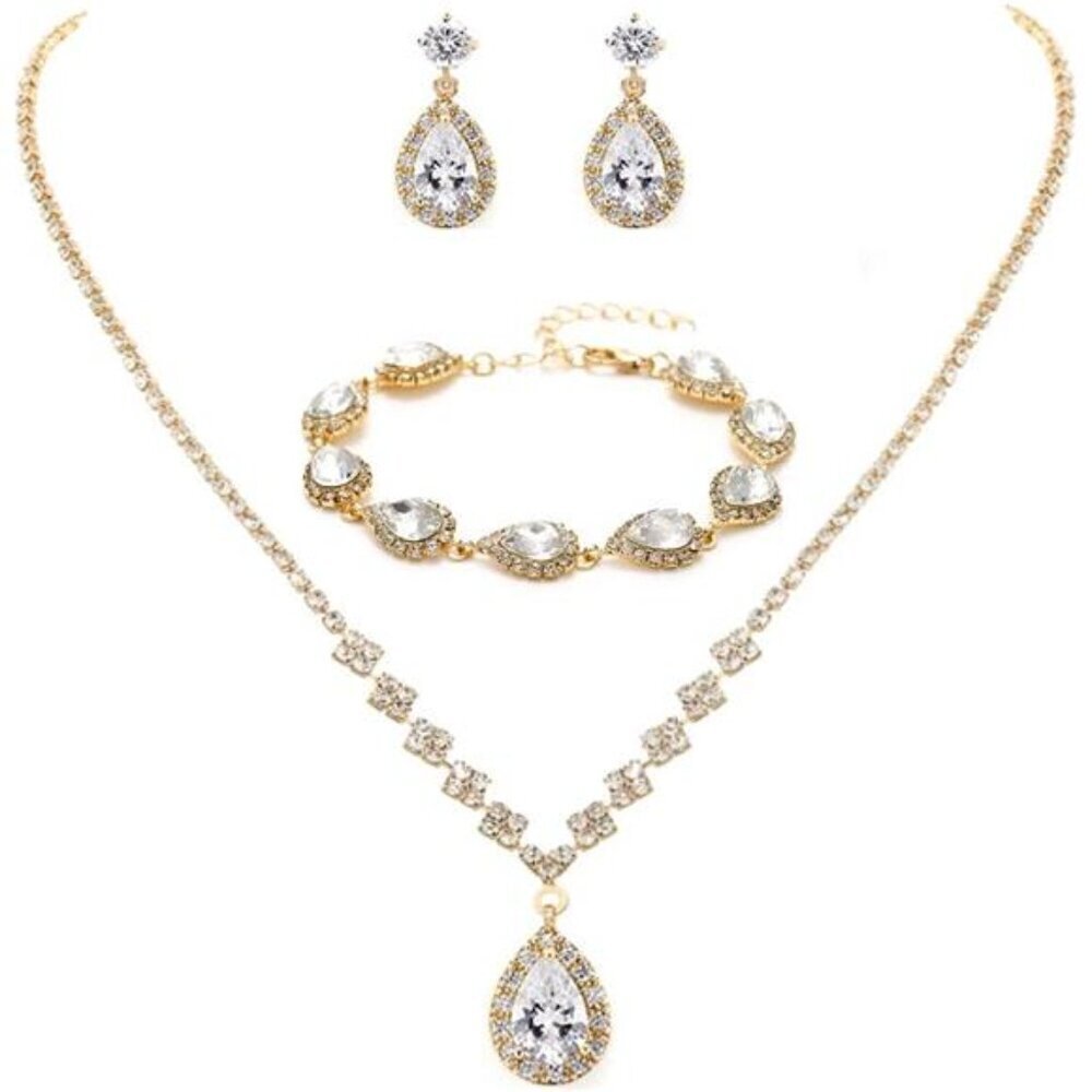Gold Bridal Crystal Necklace Earrings Set Bridal or prom Wedding Jewelry Set